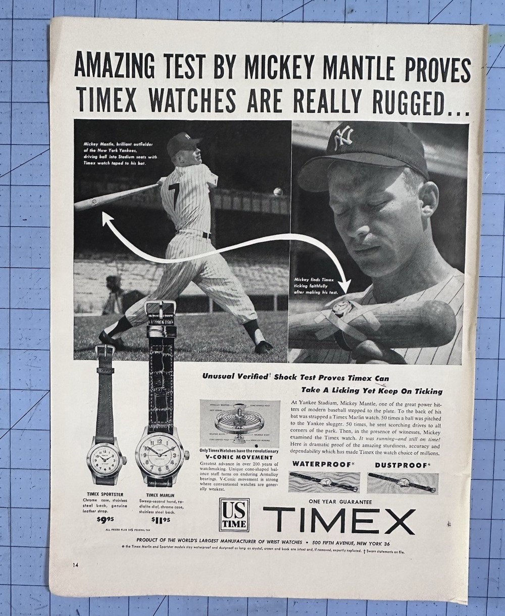 Original 1953 Timex Ad Amazing Test Mickey Mantle Timex Watches are Rugged